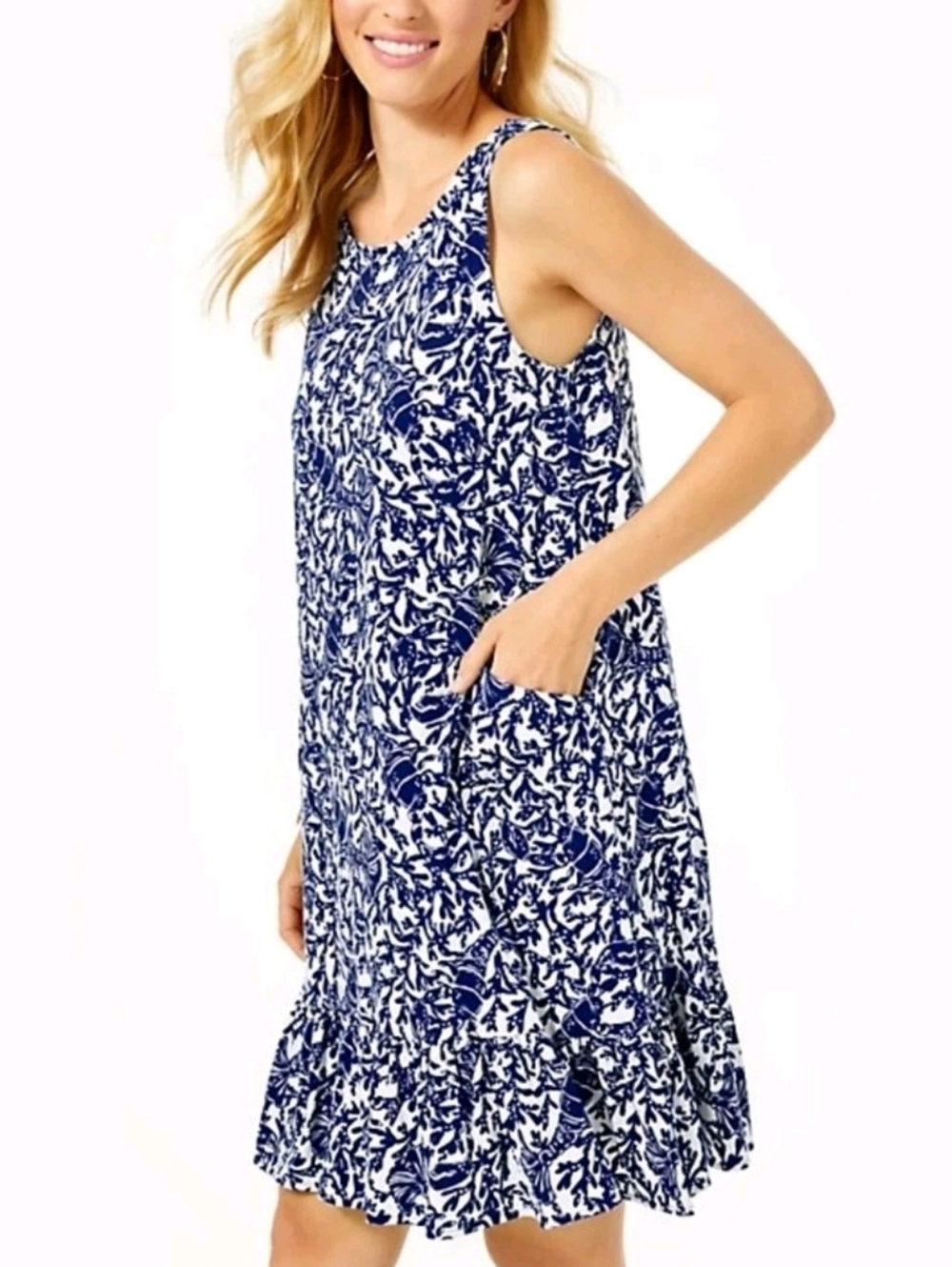 LILLY PULITZER Kristen Flounce Dress Oyster Bay Blue Krillin It Print Sz S